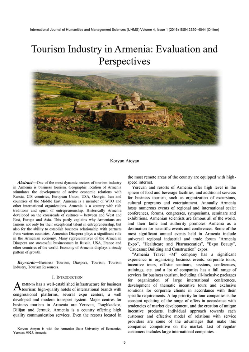 Tourism Industry in Armenia: Evaluation and Perspectives
